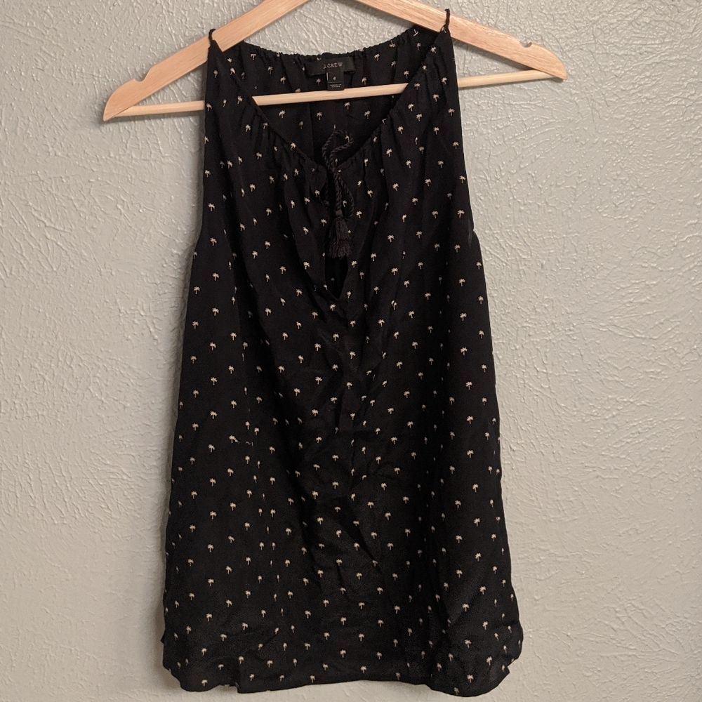 J Crew silk black tank palm tree print & tassels